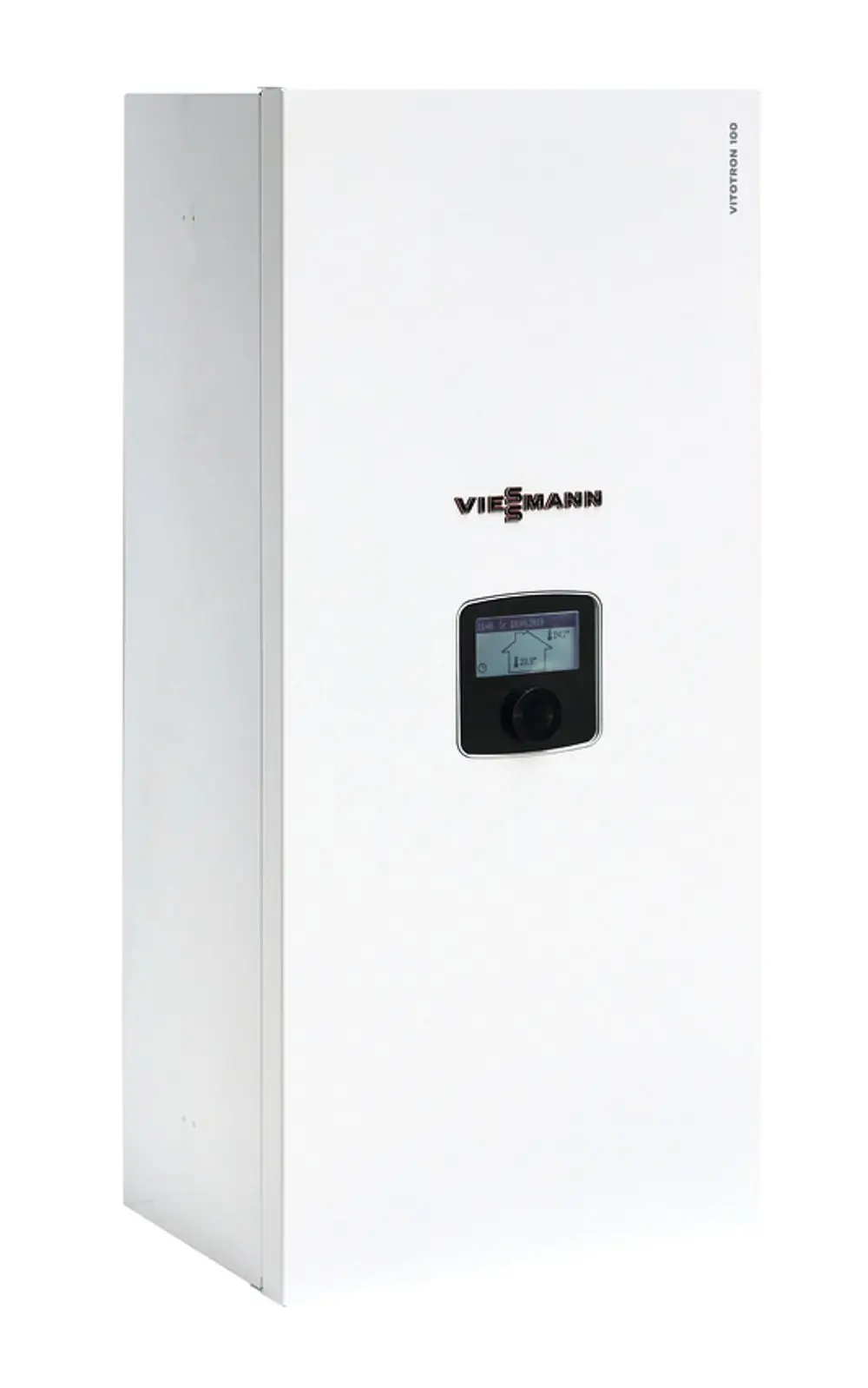 Weißer elektrischer Heizkessel von Viessmann mit digitalem Display und Steuerknopf, designed für die Raumheizung.